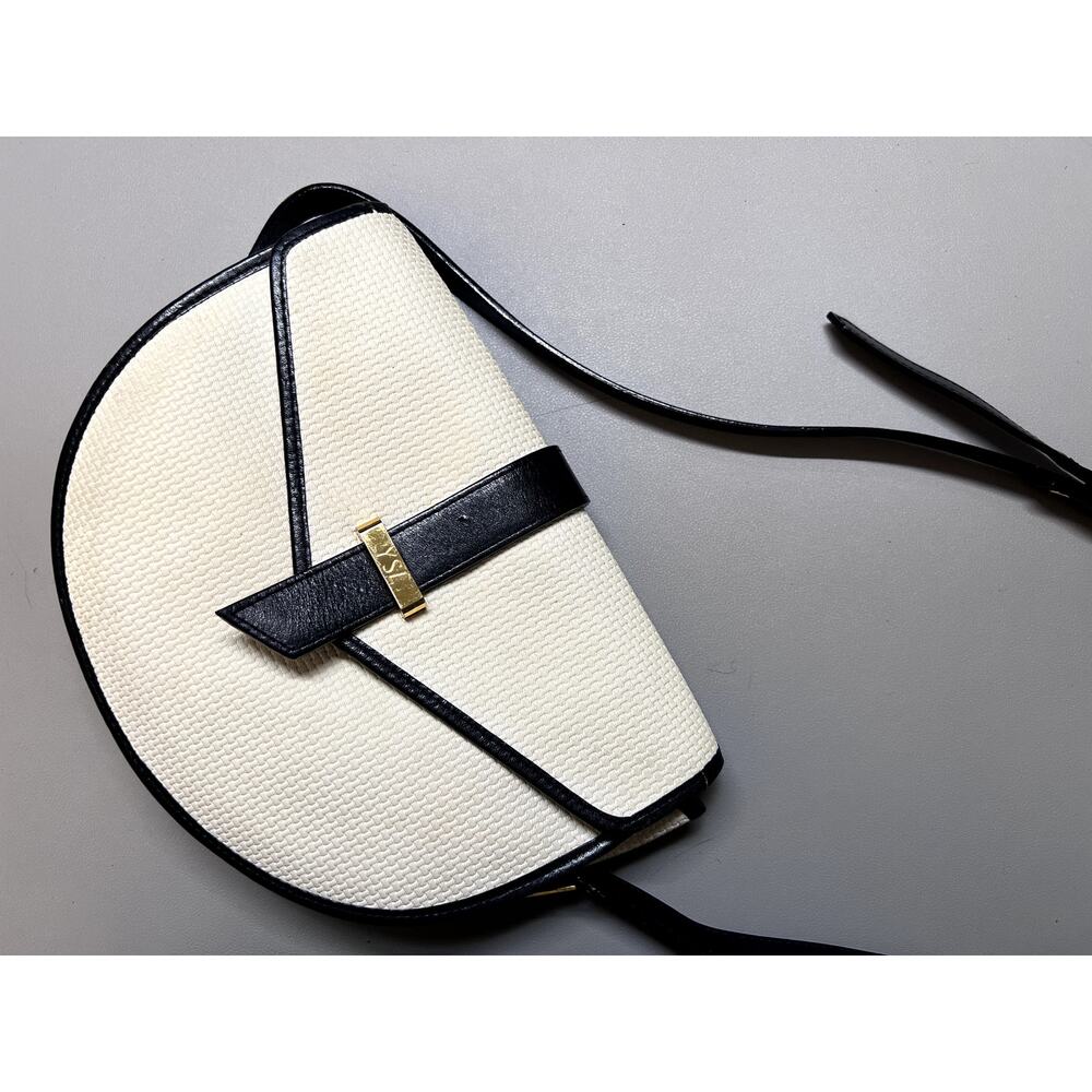 VINTAGE Late Y2K YSL Ivory Navy Blue Woven Canvas Leather Double Flap Crossbody